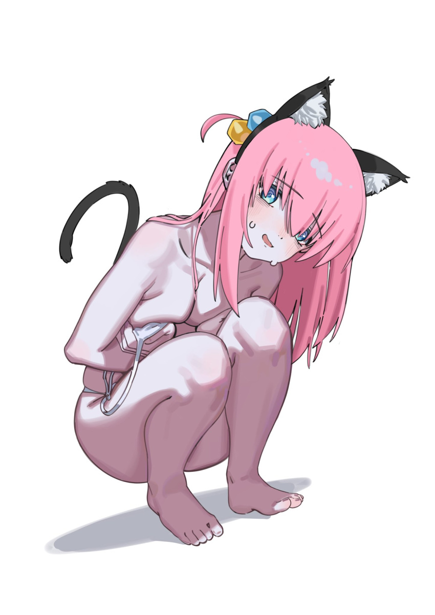 1girl animal_ears bangs barefoot blue_eyes blush bocchi_the_rock! breasts cat_ears cat_tail covering covering_breasts fake_animal_ears fake_tail feet gotou_hitori hair_between_eyes hair_cubes hair_ornament highres jacket long_hair looking_at_viewer nude one_side_up open_mouth pink_hair ryuuforkaf simple_background sitting solo sweatdrop swimsuit tail toes white_background