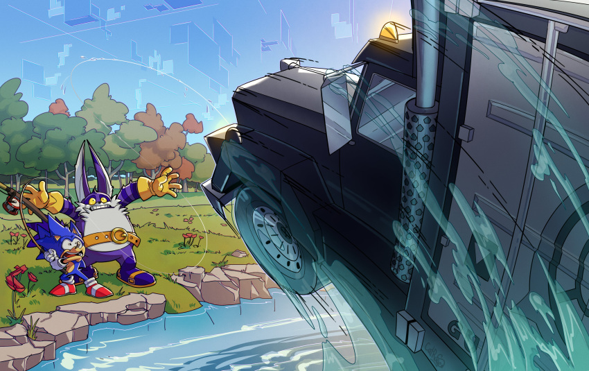 2boys absurdres big_the_cat catrage_miau fishing fishing_rod ground_vehicle highres motor_vehicle multiple_boys pond rock sonic_(series) sonic_adventure_2 sonic_frontiers sonic_the_hedgehog surprised truck what wide-eyed yellow_eyes