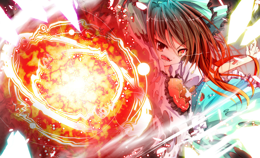 bow broken broken_glass brown_hair energy fangs glass hair_bow long_hair nanamomo_rio red_eyes reiuji_utsuho solo spark torn_clothes touhou