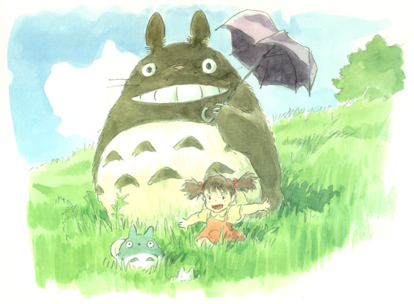 clouds ghibli kusakabe_mei sky smile tonari_no_totoro totoro umbrella whiskers