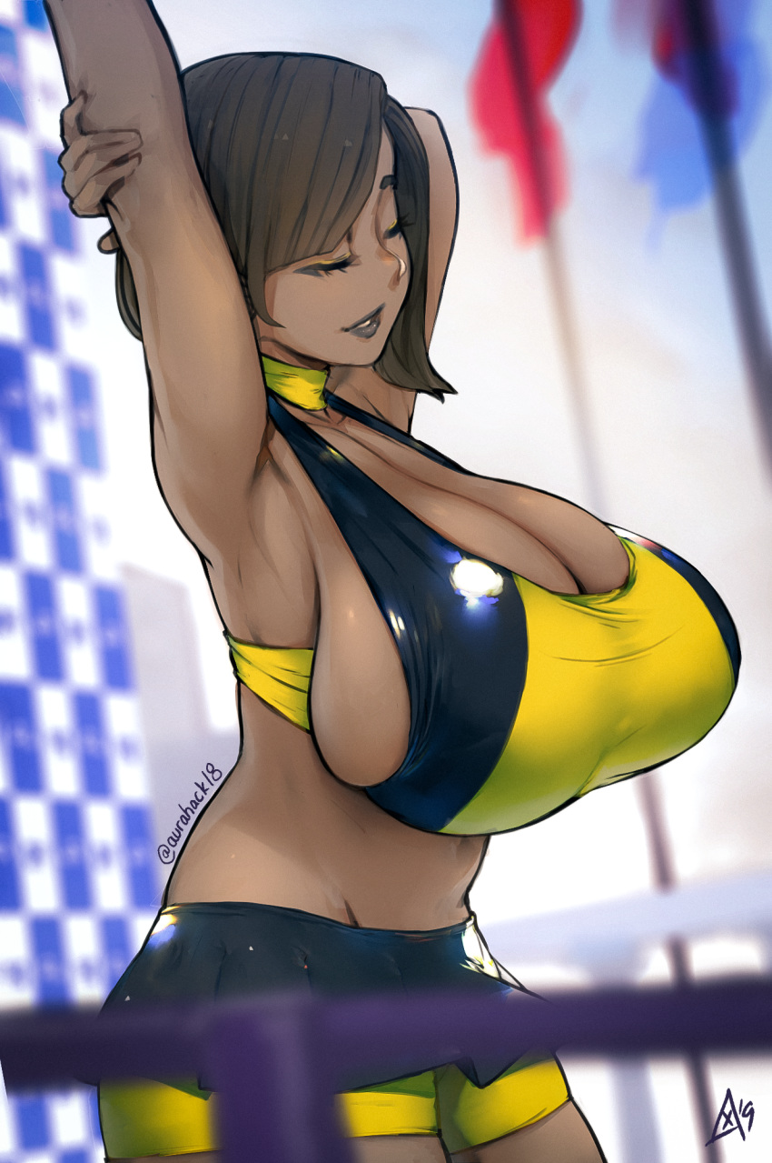 1girl 2019 armpits arms_up asymmetrical_hair aurahack bike_shorts black_lipstick breasts brown_hair bursting_breasts choker cleavage commentary dark_skin english_commentary eyes_closed halterneck highres huge_breasts lipstick makeup midriff miniskirt original pleated_skirt race_queen sagging_breasts short_hair shorts shorts_under_skirt sideboob signature skindentation skirt soft_focus solo stretch very_dark_skin yellow_choker