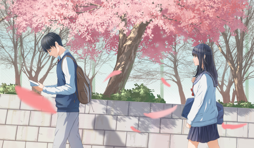 1boy 1girl absurdres an-zen backpack bag black_hair black_skirt blue_sweater_vest book bookbag bush cherry_blossoms fence grey_pants hand_up highres holding holding_book long_hair looking_at_another open_book original pants petals profile reading red_neckwear scenery school_uniform skirt tree walking
