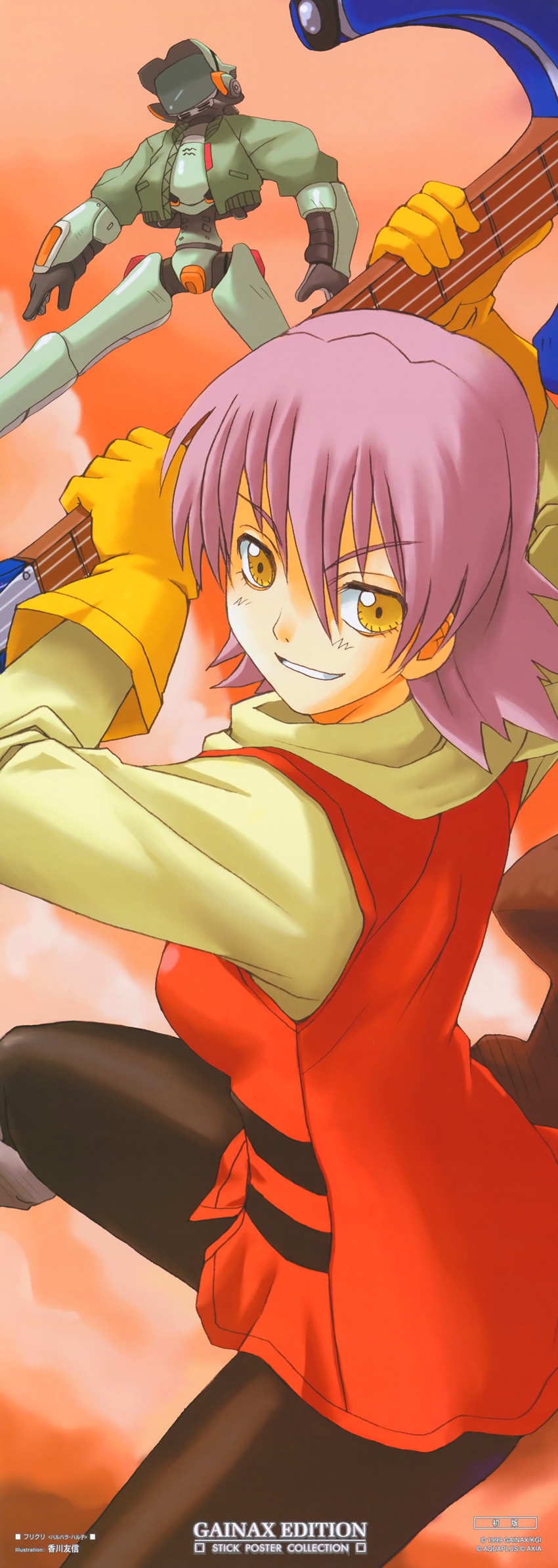 absurdres bass_guitar canti cloud flcl gainax gloves haruhara_haruko highres holding instrument jacket long_image looking_at_viewer open_mouth pants pink_hair rickenbacker_4003_blue robot short_hair sky smirk stick_poster tall_image turtleneck_shirt vest yellow_eyes