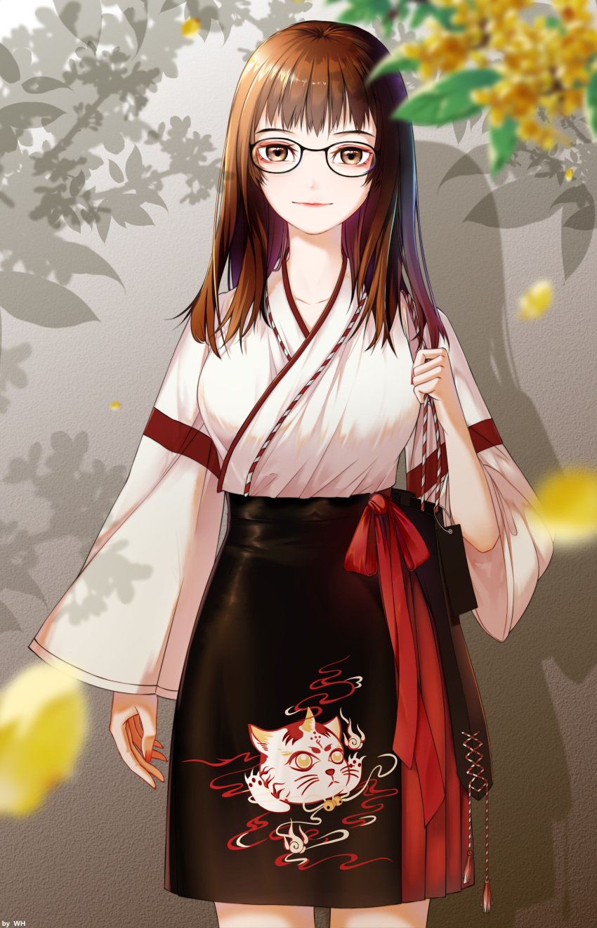 1girl absurdres arm_at_side black-framed_eyewear blurry brown_eyes brown_hair chinese_clothes closed_mouth collarbone depth_of_field flower glasses han_xiao_xue_beifang_xue_ji hanfu high-waist_skirt highres long_hair long_sleeves looking_at_viewer original petals silhouette skirt solo standing wide_sleeves