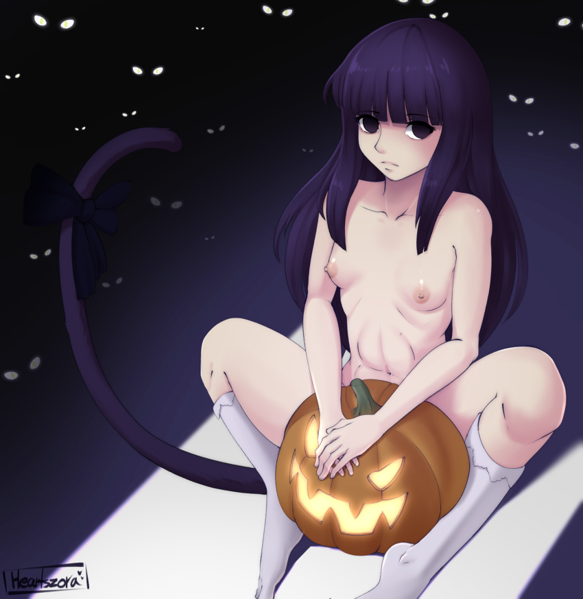 1girl abs artist_name black_bow bow breasts cat_tail collarbone commentary empty_eyes english_commentary eyebrows_visible_through_hair frederica_bernkastel halloween heartszora highres jack-o'-lantern kneehighs long_hair looking_at_viewer nipples nude purple_eyes purple_hair sitting small_breasts tail tail_bow umineko_no_naku_koro_ni very_long_hair white_legwear