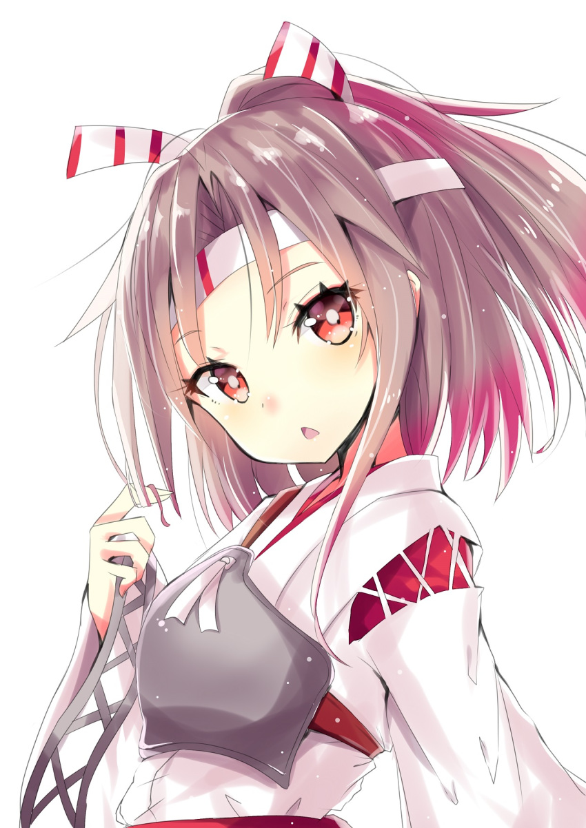 1girl blush brown_hair eyebrows_visible_through_hair hachimaki hair_between_eyes hair_ribbon headband high_ponytail highres hizaka japanese_clothes kantai_collection light_brown_hair long_hair looking_at_viewer open_mouth ponytail red_eyes ribbon simple_background striped twitter_username white_background zuihou_(kantai_collection)