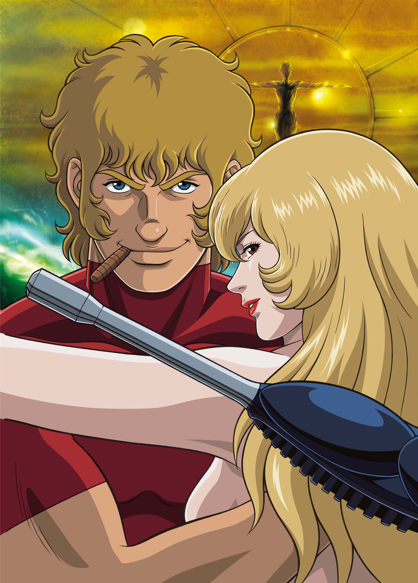 'secret'_(space_adventure_cobra) 'secret'_(space_adventure_cobra) absurdres arm_cannon backview blonde_hair blue_eyes breasts brown_eyes cigar cobra couple gate gold highres hug lipstick long_hair looking_at_viewer looking_back makeup nude open_mouth opening pantyhose psychogun short_hair silhouette smile smirk space_adventure_cobra tights wavy_hair weapon