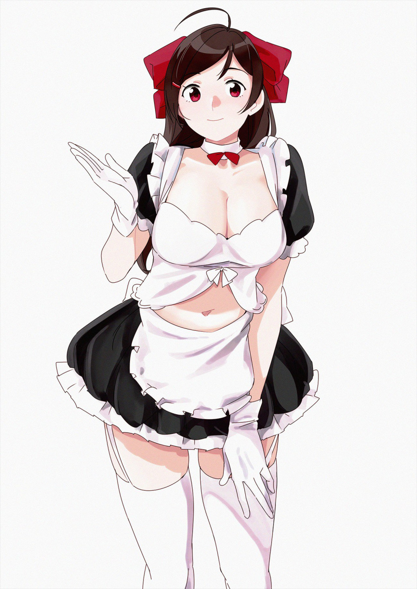 1girl ahoge alternate_costume apron bangs black_dress blush bow breasts brown_hair cleavage closed_mouth collarbone commentary dress eyebrows_visible_through_hair frills garter_straps gloves hair_between_eyes hair_bow hair_ornament hair_ribbon hairclip highres kantai_collection large_breasts long_hair looking_at_viewer maid maid_apron mamiya_(kantai_collection) navel ojipon ponytail puffy_short_sleeves puffy_sleeves red_eyes ribbon short_sleeves simple_background skirt smile solo standing waist_apron white_background white_legwear