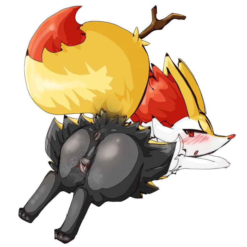 absurd_res aka_leopard animal_genitalia animal_pussy anthro black_body blush braixen butt canine_pussy female generation_6_pokemon genitals hi_res looking_at_viewer nintendo open_mouth pokemon pokemon_(species) pussy red_eyes simple_background solo video_games white_background