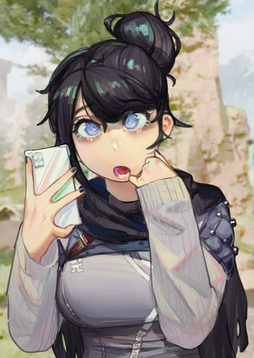 1girl :o absurdres adapted_costume animification apex_legends bangs black_hair black_nails blue_eyes breasts cellphone chinese_commentary grey_sweater hair_behind_ear hair_bun highres holding holding_phone kings_canyon medium_breasts miao_jiangyou no_pupils open_mouth phone ribbed_sleeves single_hair_bun smartphone solo sweater tree upper_body wraith_(apex_legends)