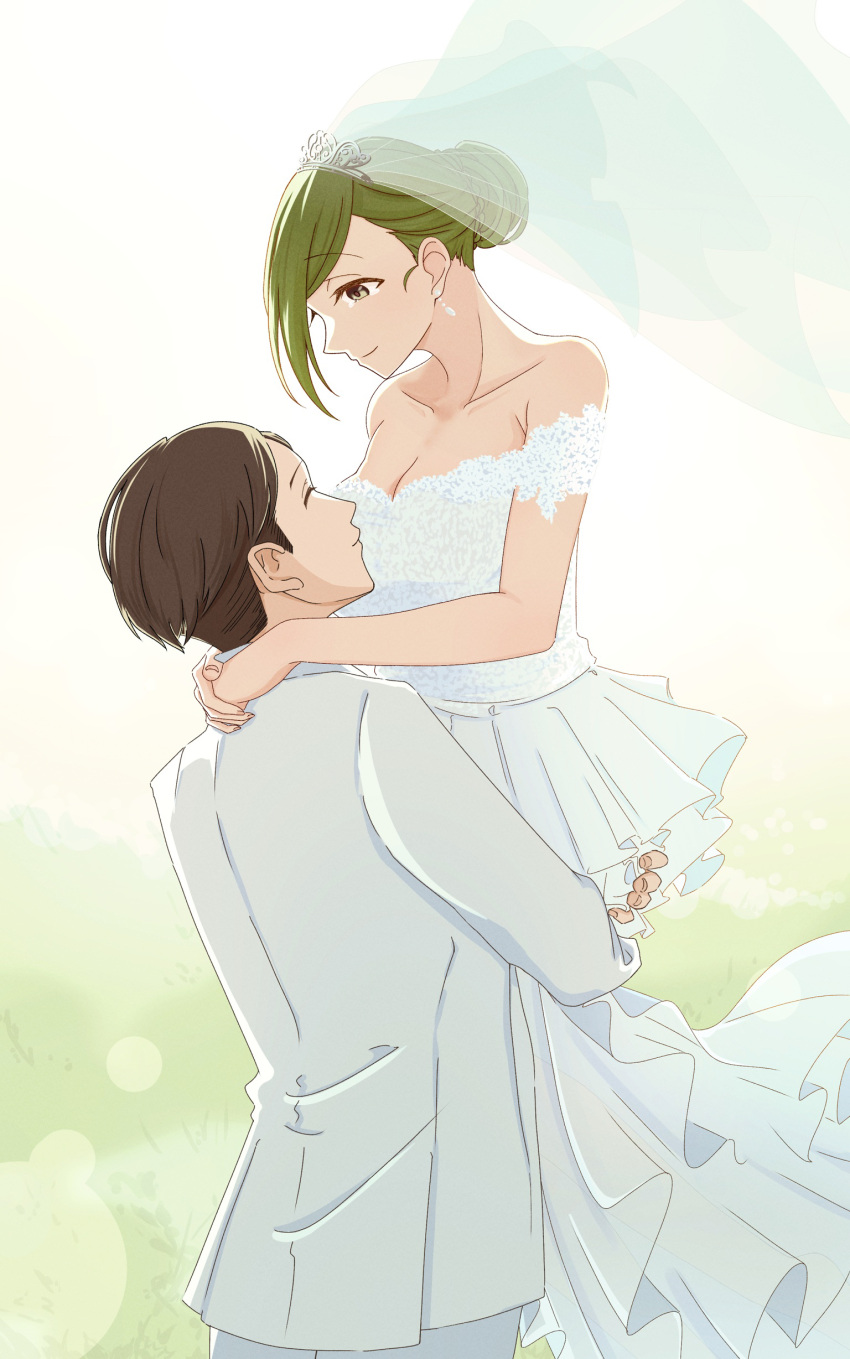 1boy 1girl ^_^ absurdres braid breasts bridal_veil brown_hair cleavage closed_eyes collarbone dress earrings formal french_braid green_hair hair_bun hetero highres husband_and_wife idolmaster idolmaster_shiny_colors jewelry large_breasts lifting_person looking_at_another nanakusa_hazuki nasu_danshaku off-shoulder_dress off_shoulder producer_(idolmaster) profile single_hair_bun smile suit tears tiara tuxedo veil wedding wedding_dress white_dress white_suit