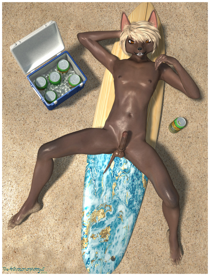 anthro beach blonde_hair canid canine canis canned_drink cooler dark_body domestic_dog fangs genitals glistening glistening_body hair hairless hairless_dog hairless_tail hi_res humanoid_genitalia humanoid_penis hybrid_genitalia hybrid_penis ice lying male mammal navel nipples nude on_back orange_eyes penis peru_(the_anthropomorphologist) plantigrade sand seaside slim solo spread_legs spreading surfboard the_anthropomorphologist watermark