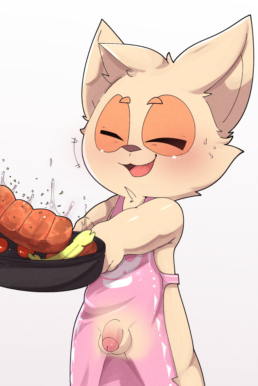 anthro apron apron_only balls blush clothed clothing cookware eyes_closed flaccid food frying_pan fur genitals hi_res kitchen_utensils league_of_legends male mostly_nude partially_clothed penis riot_games smile smite_(artist) solo tan_body tan_fur teemo_(lol) tools video_games yordle