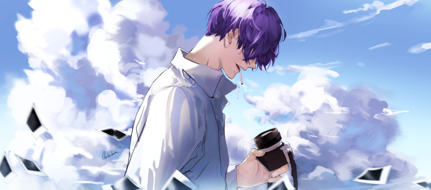 1boy absurdres artist_name blue_sky camera cigarette cloud day hair_over_eyes highres holding holding_camera lluluchwan male_focus mouth_hold original outdoors photo_(object) purple_hair shirt sky solo upper_body white_shirt