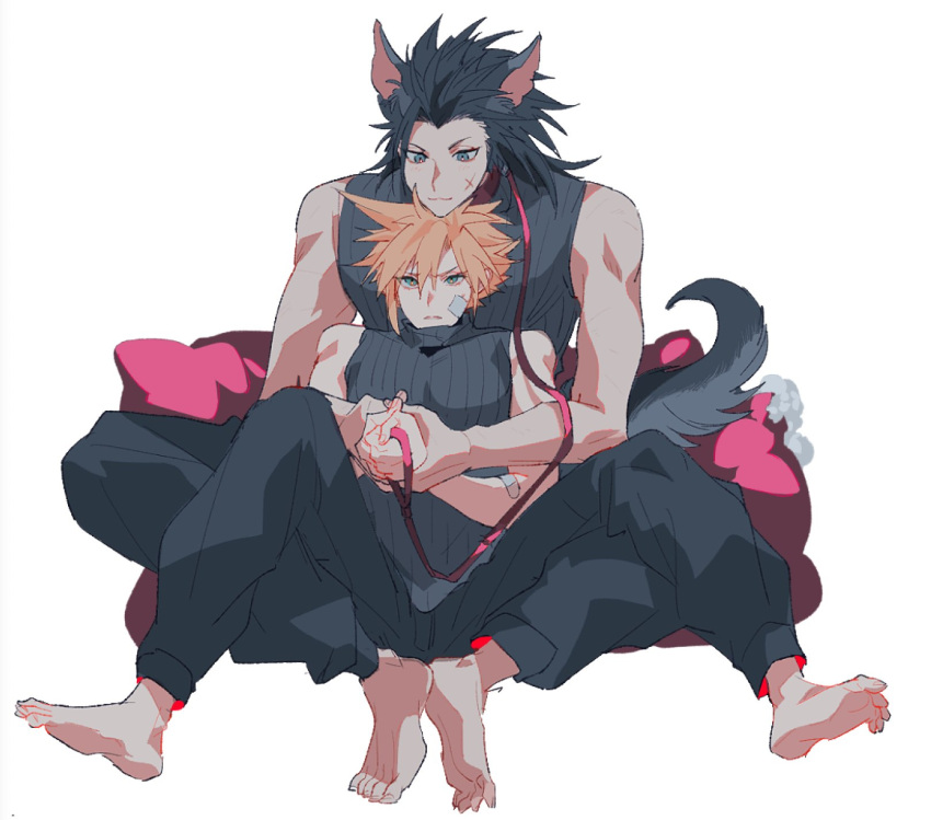 2boys animal_ears baggy_pants bandaid bandaid_on_face bare_arms bare_shoulders barefoot black_hair blonde_hair cloud_strife dog_boy dog_ears dog_tail feet final_fantasy final_fantasy_vii full_body grey_pants grey_shirt hair_between_eyes hair_slicked_back highres holding holding_hands holding_leash kemonomimi_mode leash long_hair male_focus multiple_boys pants pillow pokashi shirt short_hair sitting sitting_on_lap sitting_on_person sleeveless sleeveless_turtleneck soles spiked_hair tail toes toned toned_male turtleneck white_background yaoi zack_fair