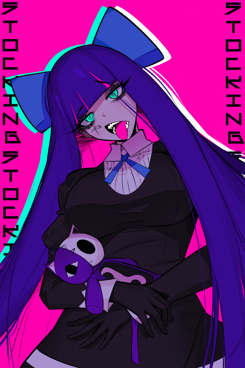 1girl @_@ absurdres ace_glitch aqua_eyes bangs black_dress black_gloves blue_hair bow breasts character_name dress facial_mark gloves hair_bow highres hug hug_from_behind long_hair long_sleeves looking_at_viewer lower_teeth medium_breasts open_mouth panty_&amp;_stocking_with_garterbelt pink_background shirt solo stocking_(psg) teeth tongue tongue_out toy upper_body upper_teeth very_long_hair white_shirt yandere