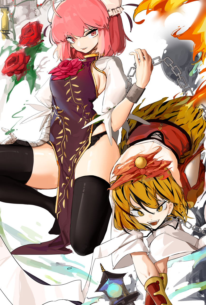 2girls absurdres animal_print bandaged_arm bandages bangs bishamonten's_pagoda black_hair black_panties black_thighhighs blonde_hair breasts chain commentary_request cuffs double_bun flower full_body funhermoe hair_between_eyes hair_bun highres ibaraki_kasen looking_to_the_side medium_breasts multicolored_hair multiple_girls open_mouth panties pink_eyes pink_hair print_skirt red_flower red_rose rose shackles shirt short_hair short_sleeves shrug_(clothing) skirt slit_pupils smile streaked_hair tabard thighhighs tiger_print toramaru_shou touhou two-tone_hair underwear white_background white_shirt yellow_eyes