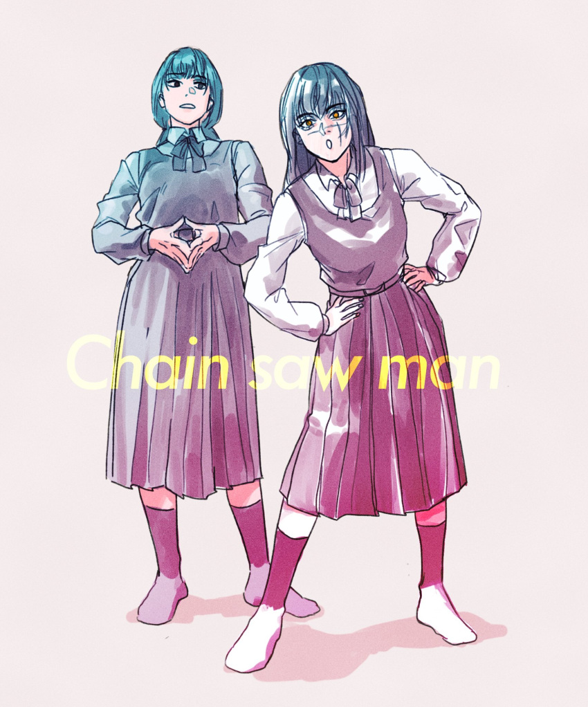 2girls black_hair black_ribbon chainsaw_man collared_shirt drgryu750 grey_background hands_on_hips highres leaning_forward long_hair looking_at_another looking_at_viewer mitaka_asa multiple_girls open_mouth orange_eyes ribbon scar scar_on_cheek scar_on_face shadow shirt simple_background socks steepled_fingers white_shirt yoru_(chainsaw_man)
