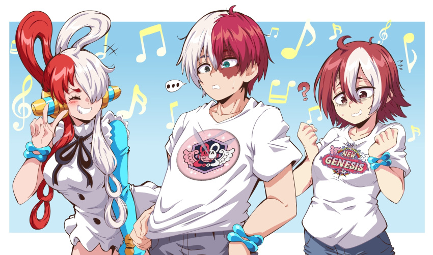 ... 1boy 2girls ? aqua_eyes boku_no_hero_academia bracelet breasts brown_eyes burn_scar closed_eyes color_connection crossover english_commentary grin hair_color_connection hair_rings heterochromia highres jewelry lewdamone long_hair made_in_abyss multicolored_hair multiple_crossover multiple_girls musical_note nervous_smile one_piece red_hair scar shirt short_hair short_sleeves smile spoken_ellipsis todoroki_shouto two-tone_hair uta_(one_piece) v veko white_hair white_shirt