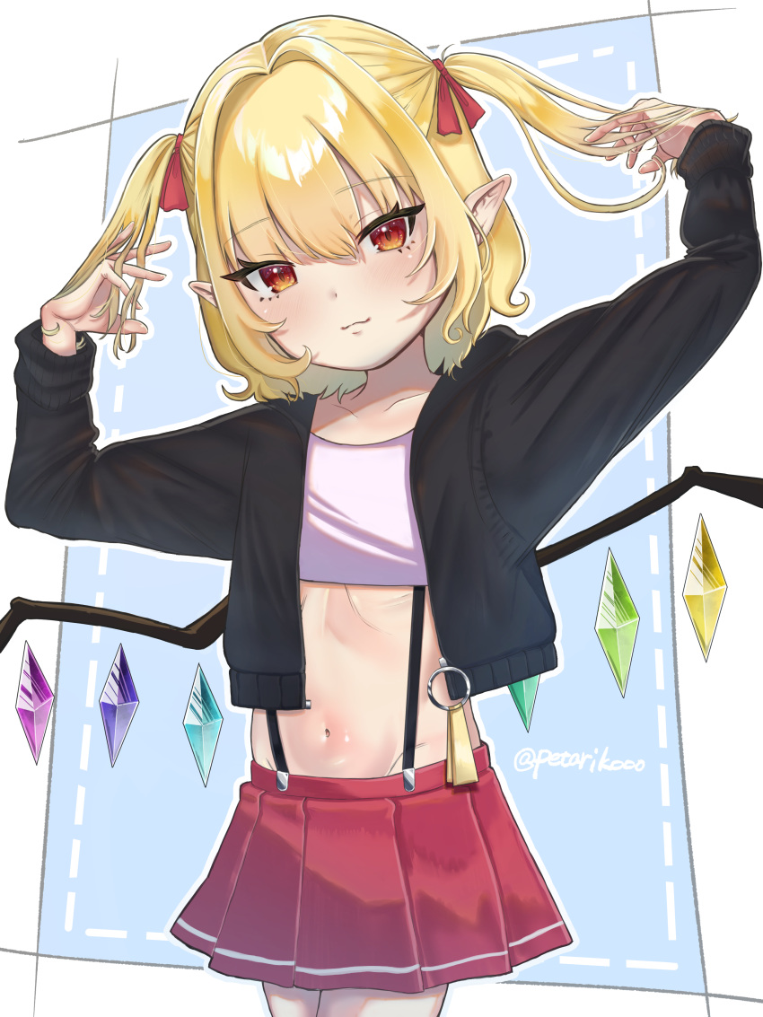 1girl :3 absurdres alternate_costume alternate_hairstyle alternate_headwear artist_name black_shirt blonde_hair blue_background casual closed_mouth collarbone cowboy_shot crystal flandre_scarlet groin hair_between_eyes hands_in_hair head_tilt highres long_sleeves looking_at_viewer medium_hair miniskirt multicolored_wings navel open_clothes open_shirt petarikooo pleated_skirt pointy_ears red_eyes red_skirt ribs shiny shiny_hair shirt simple_background skinny skirt solo suspender_skirt suspenders touhou two_side_up wings zipper_pull_tab