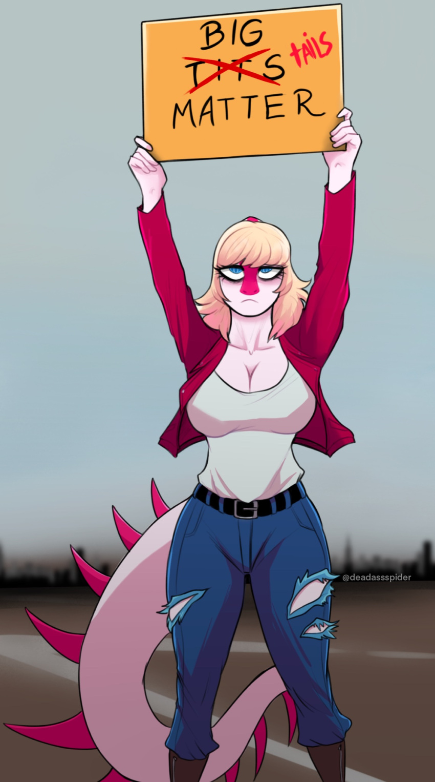 5_fingers anthro belt big_breasts blonde_hair blue_eyes boots bottomwear breasts city cityscape cleavage clothed clothing deadassspider denim denim_clothing dinosaur english_text eyeliner female fingers footwear frown grey_sky hadrosaurid hair hi_res holding_object holding_sign i_wani_hug_that_gator jacket jeans long_tail looking_at_viewer makeup mia_(iwhtg) multicolored_body narrowed_eyes open_clothing open_jacket open_topwear ornithischian outside pants parasaurolophus pink_body red_clothing red_jacket red_topwear reptile scalie shirt sign solo spikes spikes_(anatomy) standing text topwear torn_bottomwear torn_clothing torn_jeans torn_pants two_tone_body