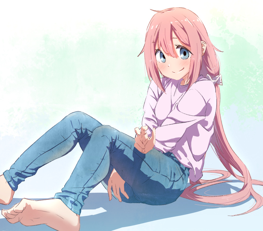 1girl barefoot blue_eyes denim highres jeans kagamihara_nadeshiko long_hair looking_at_viewer oekakiism pants pink_hair sitting smile solo twintails very_long_hair yurucamp