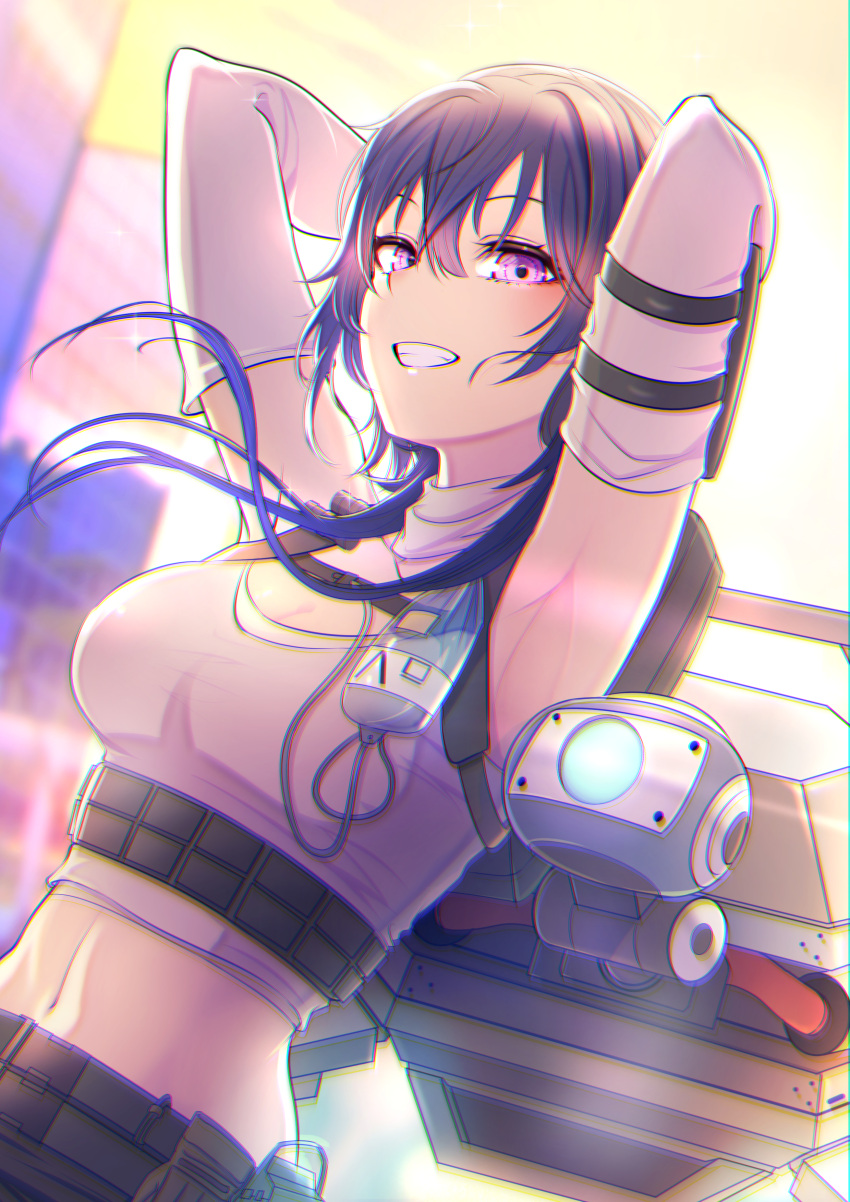 1girl absurdres apex_legends arm_behind_head armpits bangs belt black_belt black_hair blue_eyes blue_hair breasts colored_tips commentary cosplay d.o.c._health_drone detached_sleeves dutch_angle grey_tank_top hair_between_eyes highres ichinose_uruha kiiro_(cocoa080) lifeline_(apex_legends) lifeline_(apex_legends)_(cosplay) looking_at_viewer lupinus_virtual_games medium_breasts medium_hair midriff multicolored_hair navel non-humanoid_robot one-eyed parted_lips robot smile solo tank_top virtual_youtuber vspo!