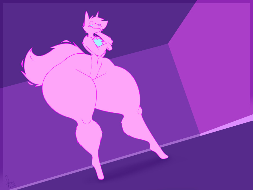 2022 ambiguous_gender anthro biped canid canine digital_media_(artwork) fox fur half-closed_eyes hi_res huge_thighs mammal narrowed_eyes nude pink_body pink_fur simple_background smile soft_fuzzy_man_(aimkid) solo spirit thenameisradio thick_thighs wide_hips