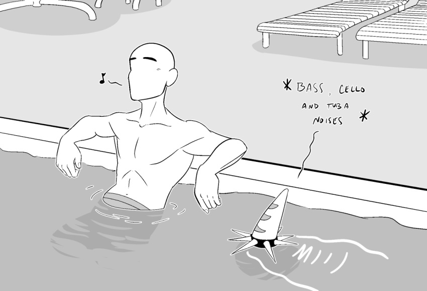 anon_(snoot_game) anthro bald clothed clothing collar dinosaur duo english_text fang_(gvh) featureless_face female goodbye_volcano_high heartsick human jewelry male mammal multicolored_body musical_note poolside pterodactylus pterosaur reptile scalie snoot_game_(fan_game) spiked_collar spikes swimming_pool swimming_trunks swimwear text two_tone_body