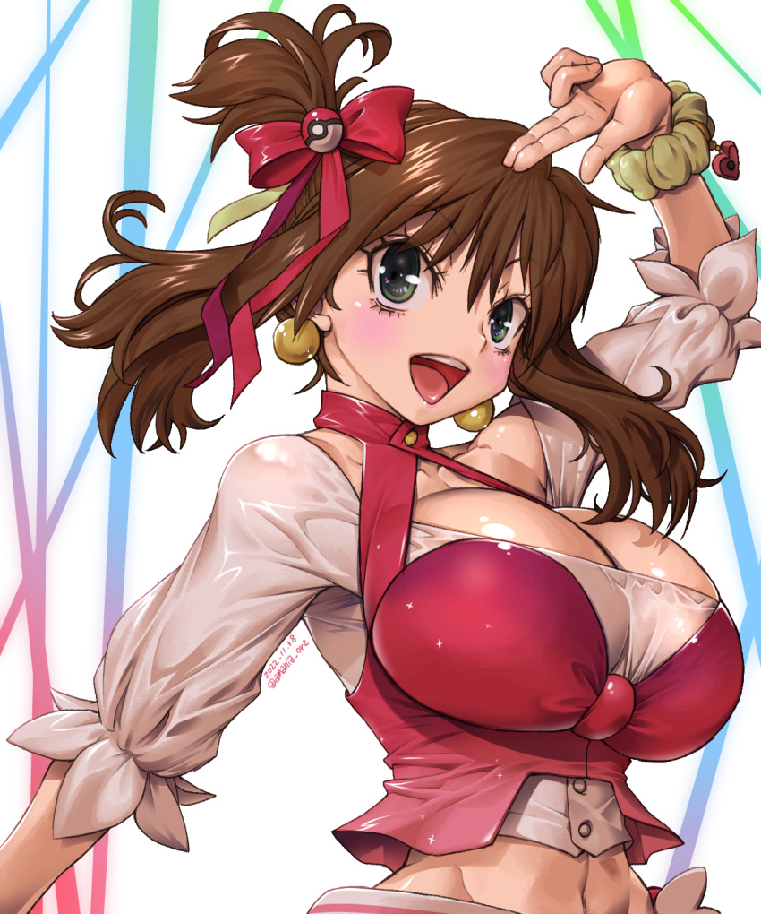 1girl amania_orz arm_up bangs blush bow breasts brown_hair character_request check_copyright cleavage commentary_request copyright_request dated earrings hair_bow hair_ribbon heart highres jewelry large_breasts medium_hair midriff navel open_mouth poke_ball_hair_ornament pokemon red_bow red_ribbon ribbon scrunchie short_ponytail side_ponytail sidelocks smile solo twitter_username wrist_scrunchie