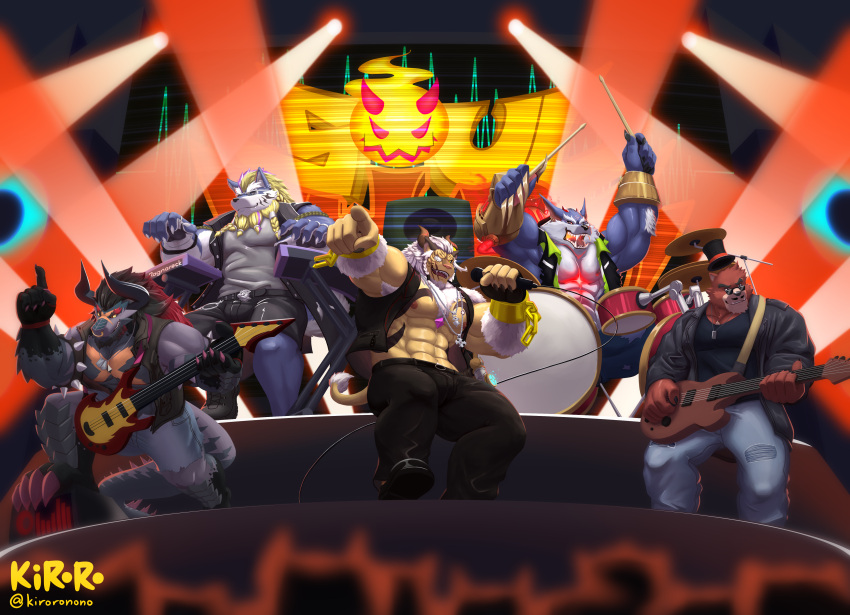 absurd_res anthro band bass_guitar beard blue_body blue_fur bottomless braided_beard brown_body brown_fur bushiroad canid canine canis chest_tattoo clothed clothing demon_lord_dragon_batzz dragon drum facial_hair felid fenrir_(housamo) final_fantasy final_fantasy_xiv fur future_card_buddyfight group guitar hat headgear headwear hi_res horn hrothgar keyboard_instrument kiroronono kumatetsu league_of_legends lifewonders lumus_king male mammal microphone moncef multicolored_body musical_instrument musical_keyboard percussion_instrument plucked_string_instrument possession radovan_(ffxiv) riot_games square_enix stage string_instrument tattoo the_boy_and_the_beast tokyo_afterschool_summoners top_hat topwear topwear_only ursid vest vest_only video_games warwick_(lol) winston_(vaanxdragon) wolf yellow_body yellow_fur