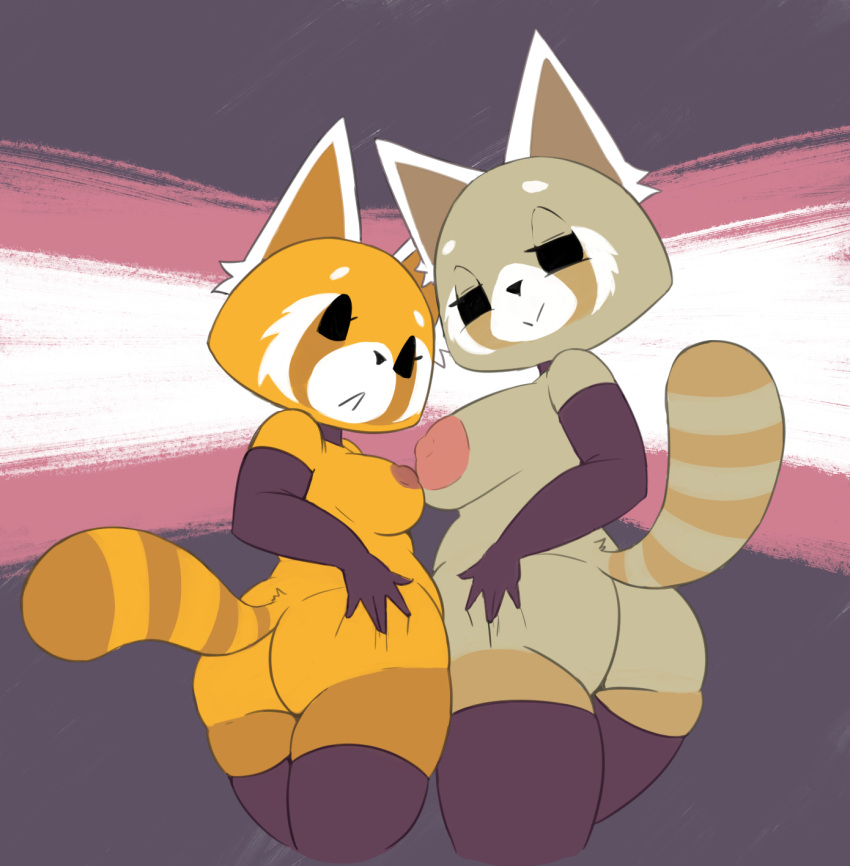 aggressive_retsuko ailurid anthro butt clothing daughter duo female hi_res holding_butt legwear mammal mature_female mother mother_and_child mother_and_daughter nipples parent parent_and_child red_panda retsuko's_mother sanrio thigh_highs vono