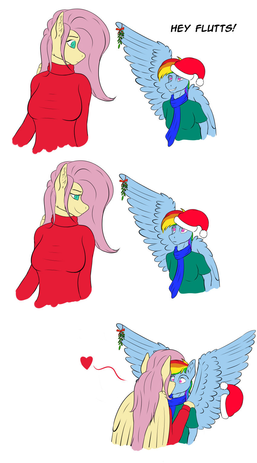 &lt;3 absurd_res anthro big_breasts breasts christmas christmas_clothing christmas_headwear clothing duo female female/female fluffyorbiter fluttershy_(mlp) folded_wings friendship_is_magic hasbro hat headgear headwear hearth's_warming_eve hi_res holidays kissing mistletoe my_little_pony new_year plant rainbow_dash_(mlp) santa_hat scarf simple_background size_difference smile spread_wings surprise sweater topwear white_background wings