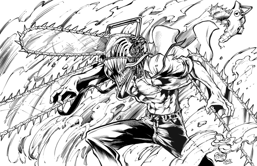 1boy abs bare_pectorals belt cdubbart chainsaw chainsaw_man collaboration collared_shirt commentary commission crossover denji_(chainsaw_man) english_commentary floating_clothes greyscale highres ink_(medium) inker-guy metapod monochrome navel open_clothes open_shirt pants pectorals pokemon pokemon_(creature) sharp_teeth shirt solo teeth tongue tongue_out traditional_media undone_necktie western_comics_(style)