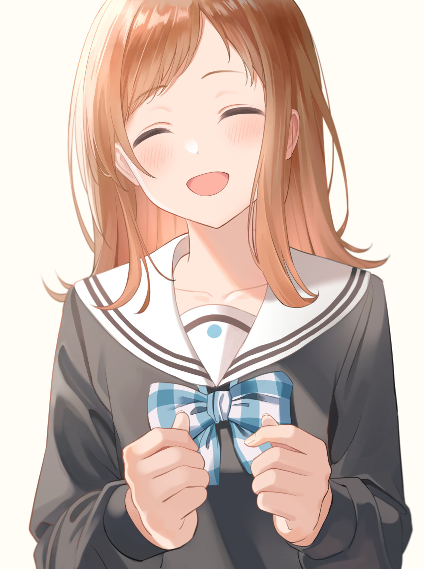 1girl ^_^ ^o^ absurdres black_shirt blush brown_hair closed_eyes collarbone fujizarashi head_tilt highres idolmaster idolmaster_shiny_colors long_sleeves medium_hair sailor_collar sakuragi_mano school_uniform shirt simple_background solo upper_body white_background