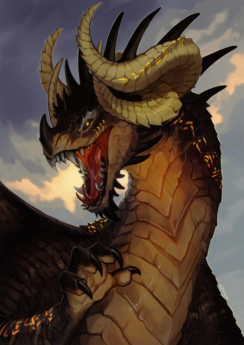 2022 absurd_res allagar claws day detailed_background digital_media_(artwork) dragon hi_res horn open_mouth outside sky smile spines teeth tongue yellow_eyes