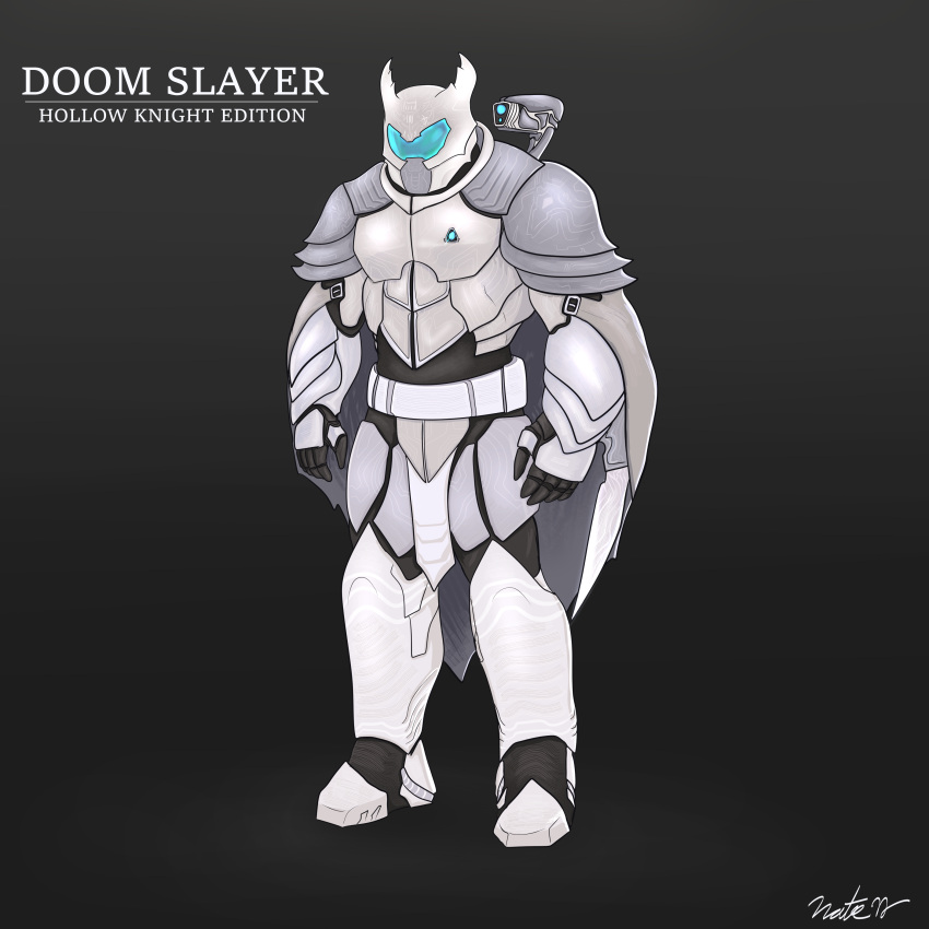 absurdres alternate_costume arm_blade armor blade cape cloak crossover doom_(series) doom_eternal doomguy fantasy helmet highres hollow_knight hollow_knight_(character) knight_(hollow_knight) male_focus nate_welch power_suit pure_nail_(hollow_knight) pure_vessel soldier sword warrior weapon