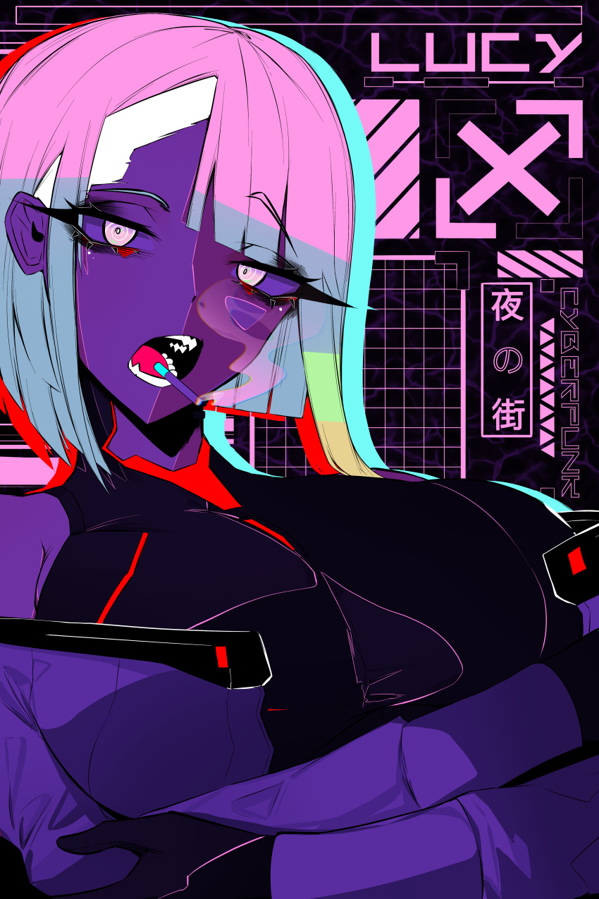 1girl @_@ absurdres ace_glitch bangs black_gloves breasts character_name cigarette cigarette_holder copyright_name crossed_arms cyberpunk_(series) cyberpunk_edgerunners gloves highres large_breasts long_sleeves looking_at_viewer lower_teeth lucy_(cyberpunk) medium_hair open_mouth smoking solo teeth upper_body upper_teeth white_eyes white_hair