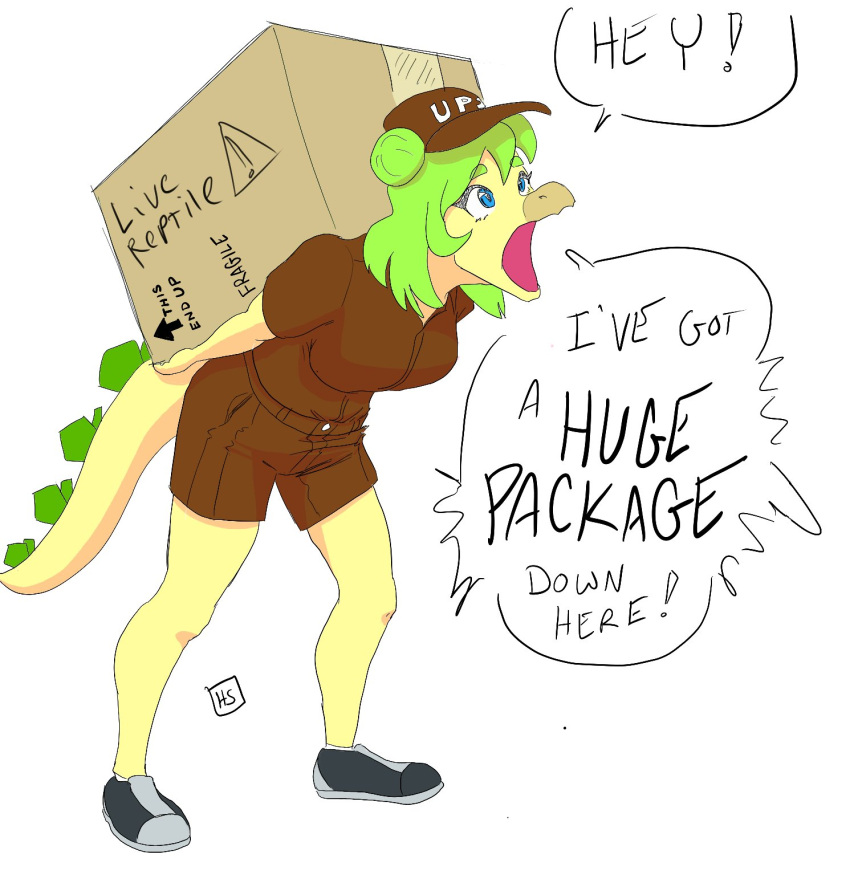 anthro blue_eyes bottomwear clothed clothing delivery_(commerce) delivery_employee dialogue dinosaur double_entendre english_text female goodbye_volcano_high green_hair hair heartsick hi_res innuendo looking_up multicolored_body open_mouth ornithischian package postal_carrier postal_delivery reptile scalie shorts sketch snoot_game_(fan_game) solo stegosaurian stegosaurus stella_(gvh) text thyreophoran two_tone_body uniform video_games yellow_body