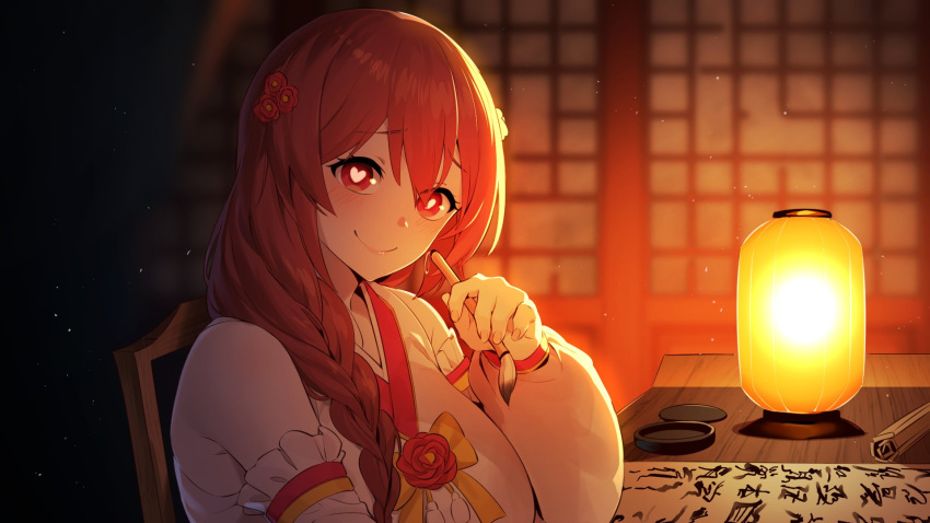 1girl blush braid chair character_request closed_mouth commentary heart heart-shaped_pupils highres holding in_(ain) indoors lamp long_hair looking_at_viewer red_eyes red_hair sitting smile solo symbol-only_commentary symbol-shaped_pupils table virtual_youtuber