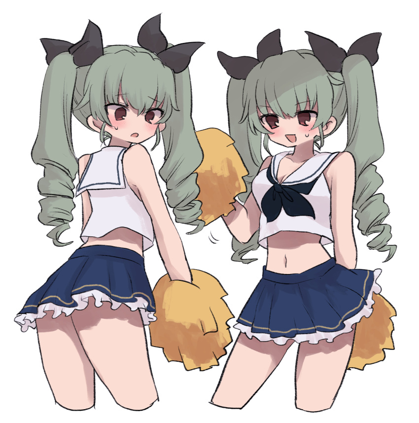 1girl anchovy_(girls_und_panzer) bangs blush bow breasts brown_eyes cleavage crop_top curly_hair drill_hair frilled_skirt frills girls_und_panzer grey_hair hair_bow highres holding holding_pom_poms long_hair midriff multiple_views navel neckerchief open_mouth pom_pom_(cheerleading) ri_(qrcode) sailor_collar shirt skirt sleeveless sleeveless_shirt smile sweat twin_drills twintails