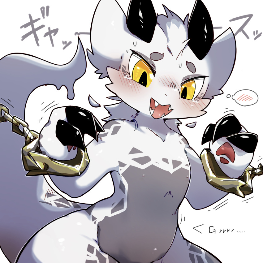 2022 2_horns 3_fingers absurd_res ambiguous_gender anthro biped black_claws blush bodily_fluids chain claws countershade_torso countershading cuff_(restraint) digital_media_(artwork) eyebrows finger_claws fingers grey_body grey_countershading grey_eyebrows grey_skin hi_res horn kemono kyameta lidded_eyes lizard multicolored_body multicolored_skin open_mouth pawpads pink_pawpads raised_tail reptile restraints scalie shackles sharp_teeth simple_background solo tears teeth thought_bubble two_tone_body two_tone_skin white_background yellow_eyes