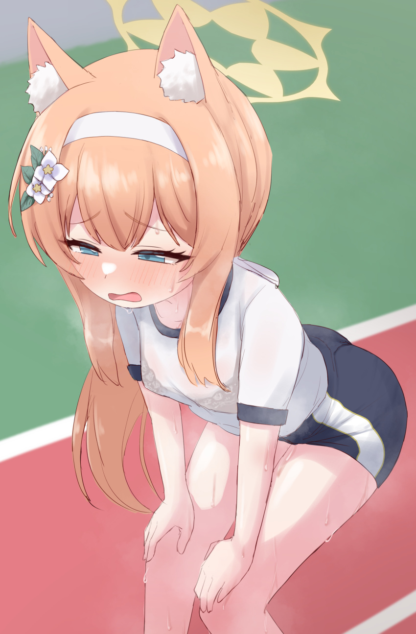 1girl absurdres animal_ears arm_support ass bangs bent_over blue_archive blue_eyes blush cat_ears cat_girl collarbone commentary_request gym_shirt gym_shorts gym_uniform hair_between_eyes halo headband heavy_breathing highres kimotius long_hair low_ponytail mari_(blue_archive) mari_(gym_uniform)_(blue_archive) official_alternate_costume orange_hair running_track see-through see-through_shirt shirt short_shorts short_sleeves shorts sidelocks solo sweat