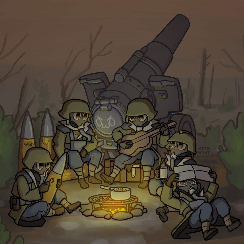 &gt;:) :3 artillery artillery_shell astra_militarum bare_tree campfire cooking cooking_pot cup drawing gas_mask guitar highres holding holding_cup instrument kitto_paint krieg mask military military_uniform mug tree trench_coat uniform v-shaped_eyebrows warhammer_40k