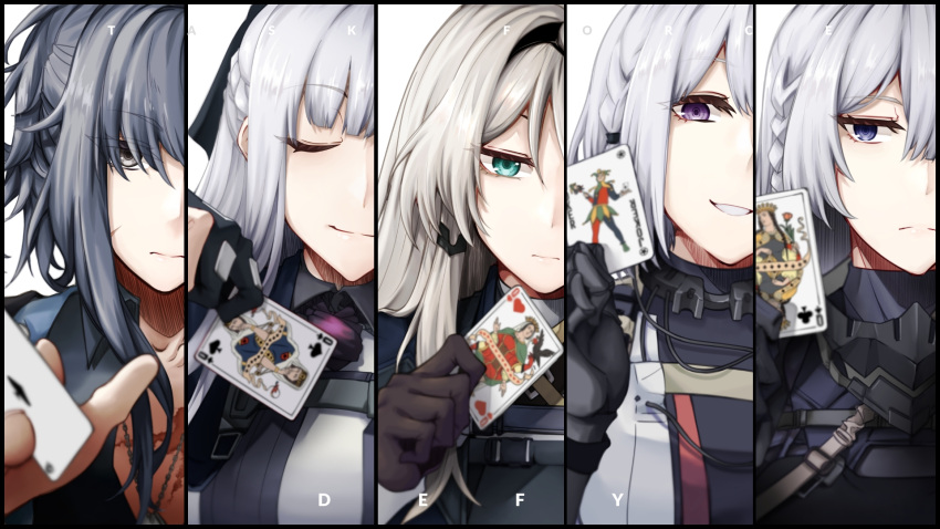 5girls ak-12_(girls'_frontline) ak-15_(girls'_frontline) an-94_(girls'_frontline) angelia_(girls'_frontline) aqua_eyes bangs black_gloves black_hair black_hairband blonde_hair braid card chest_strap closed_eyes closed_mouth commentary criss-cross_suspenders defy_(girls'_frontline) french_braid girls'_frontline gloves grey_eyes grey_hair hair_ornament hairband hairclip hairpin half-closed_eyes head_tilt highres holding holding_card jacket long_hair long_sleeves looking_at_viewer medium_hair multiple_girls nakiusagi open_mouth purple_eyes rpk-16_(girls'_frontline) scar scar_on_chest sidelocks smile tactical_clothes unhappy upper_body white_background