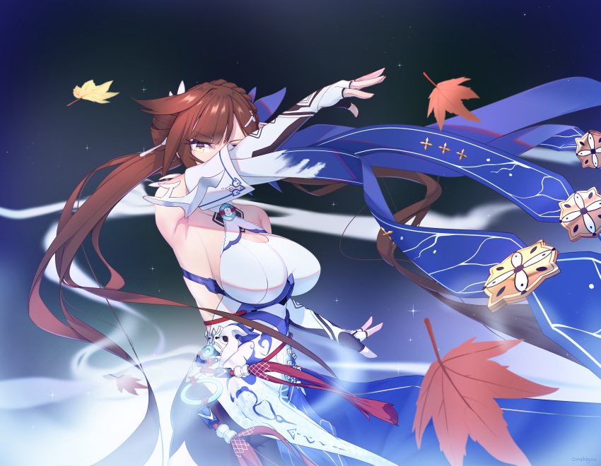 1girl absurdres bangs bare_shoulders breasts brown_hair china_dress chinese_clothes cleavage_cutout clothing_cutout dress elbow_gloves gloves highres honkai_(series) honkai_impact_3rd large_breasts leaf li_sushang li_sushang_(jade_knight) long_hair looking_at_viewer maple_leaf onshigou solo white_dress white_gloves