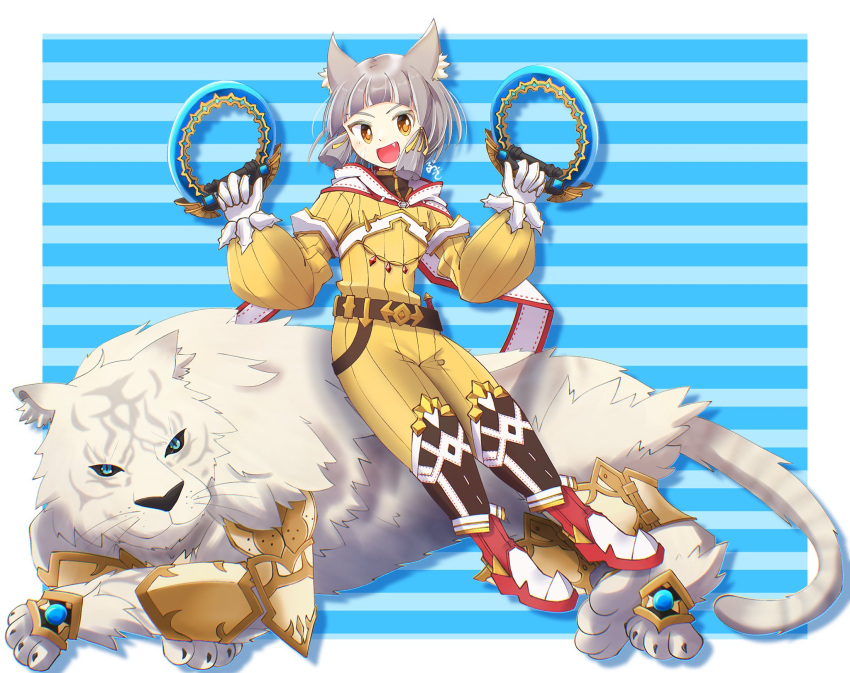 1girl :d animal_ears armored_boots bangs blue_background blunt_bangs boots border brown_hair cat_ears cat_girl chakram dlllll_lllllb dromarch_(xenoblade) full_body gloves highres holding holding_weapon jumpsuit long_sleeves nia_(xenoblade) open_mouth short_hair smile solo tiger weapon white_border white_gloves xenoblade_chronicles_(series) xenoblade_chronicles_2 yellow_eyes yellow_jumpsuit