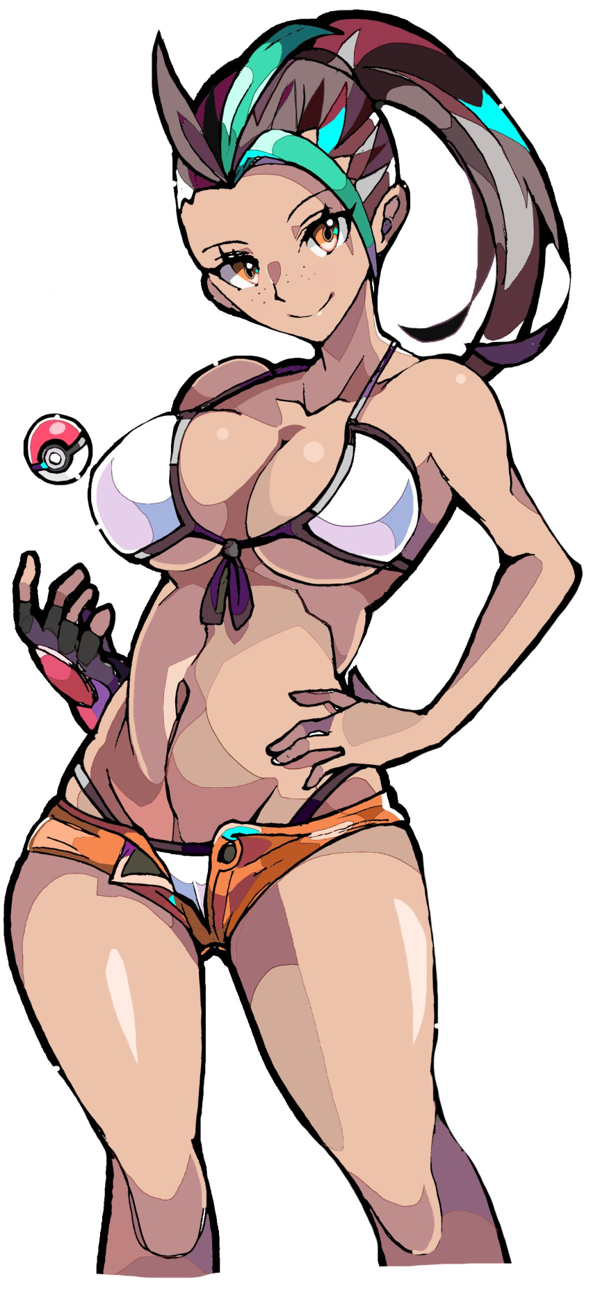 1girl absurdres ahoge armpits bangs bare_shoulders bra breasts cleavage collarbone dark_skin dyed_bangs enpe feet_out_of_frame freckles front-tie_bra gauntlets green_stripes high_ponytail highres large_breasts looking_at_viewer midriff navel nemona_(pokemon) open_clothes open_shorts orange_eyes orange_shorts panties poke_ball poke_ball_(basic) pokemon pokemon_(game) pokemon_sv ponytail shorts stomach thick_thighs thigh_gap thighs throwing_poke_ball underwear white_bra white_panties