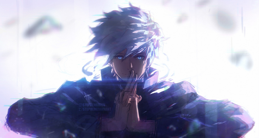 1boy absurdres black_jacket blue_eyes blurry blurry_background collared_shirt depth_of_field gojou_satoru highres instagram_username jacket jujutsu_kaisen jujutsu_tech_uniform looking_at_viewer own_hands_together shirt short_hair solo stephengiannart twitter_username white_background white_hair