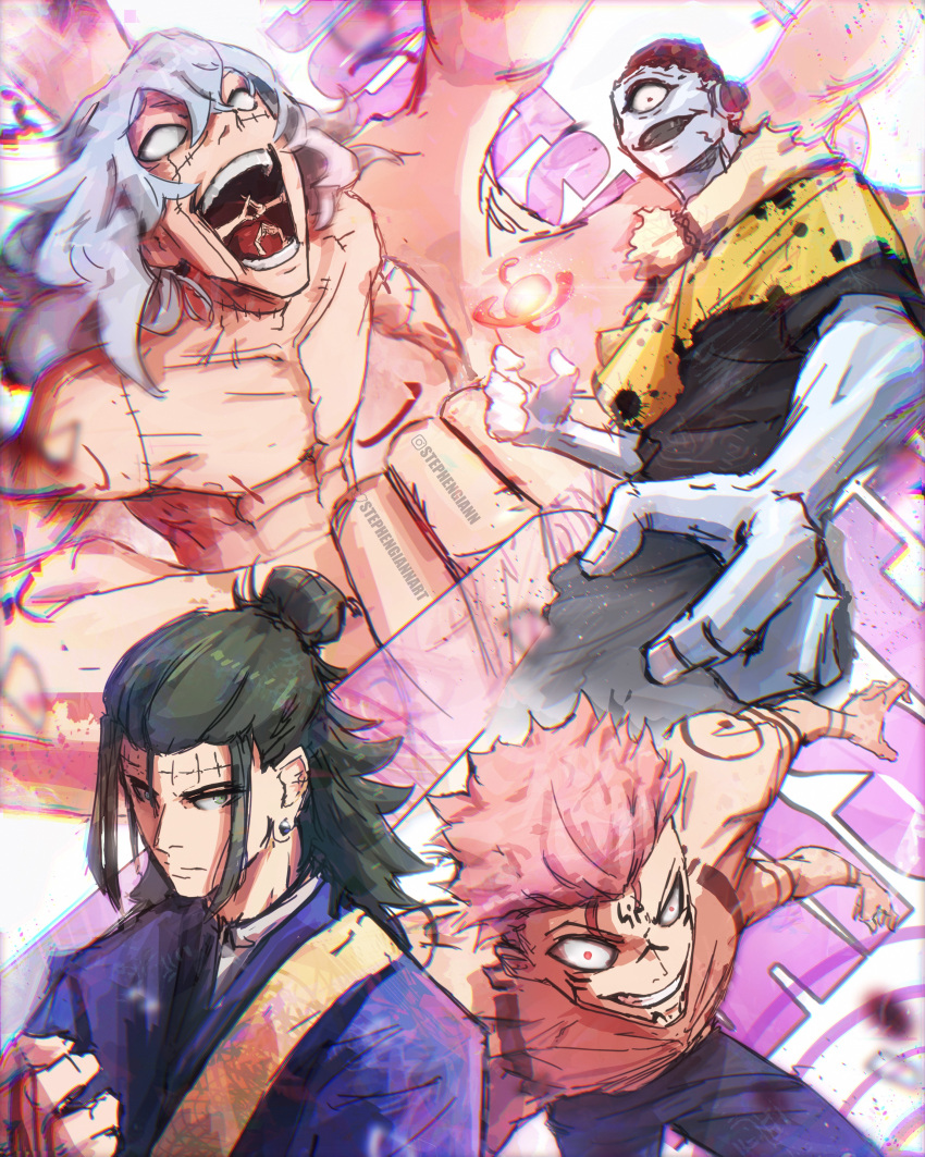 4boys absurdres black_hair black_shirt blank_eyes colored_skin cyclops disembodied_limb earrings extra_hands facial_mark fur_collar getou_suguru_(kenjaku) grey_hair grey_skin hair_bun highres instant_loss jewelry jogo_(jujutsu_kaisen) jujutsu_kaisen long_hair looking_at_viewer looking_up mahito_(jujutsu_kaisen) medium_hair multiple_boys one-eyed open_mouth orb pink_hair red_eyes robe ryoumen_sukuna_(jujutsu_kaisen) shirt short_hair sidelocks smile stephengiannart stitched_arm stitched_face stitches stud_earrings topless_male twitter_username